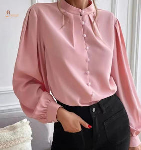 Camisa de Satén y Gasa para Mujer, Primavera-Verano, Color Sólido, Cuello Camisero, Elegante para Oficina, con Botones y Logotipo Bordado en la Parte Delantera, Venta al Por Mayor - Product Image 1