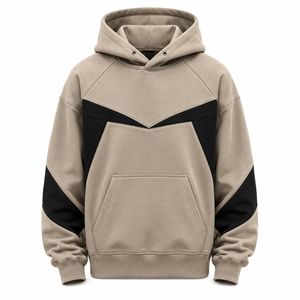 Sweat-shirt à capuche vert olive pour homme, design color block, coupe ample, streetwear, poche avant, tricoté en polyester polaire, hiver - Product Image 3