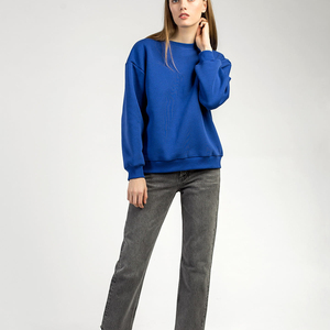 Sudadera Oversize de Cuello Redondo para Mujer, Azul Sólido, Manga Larga, Tejido de Algodón/Fibra de Bambú, Bordado de Cristal, Hombros Caídos - Product Image 4