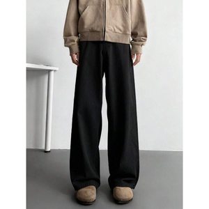 Jean en denim noir coupe droite thème rétro 100% coton écologique respirant taille haute léger estival mignon style streetwear tendance - Product Image 2