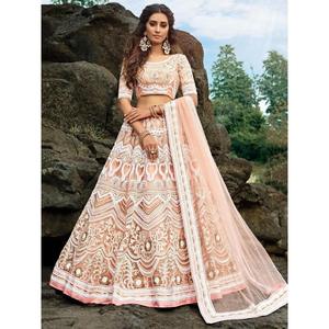 Glamorous Peach Sequins <b>Net</b> Engagement Wear Lehenga Choli With <b>Dupatta</b> - Product Image 5