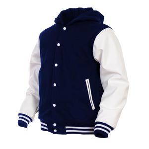 Chaqueta Varsity Gris con Capucha para Hombre, Mangas Blancas, Cierre de Botones, Estilo Casual para Otoño - Product Image 2