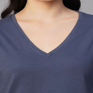 Women V-Neck T-Shirt Solid Color 100% Cotton Casual Knitted Breathable Regular Fit Short Sleeve All Seasons - Product Image 1