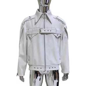 Chaqueta de Cuero Genuino Blanca para Hombre, Cuello Alto, Cierre de Cremallera, Bolsillos con Solapa, Mangas Regulares, Color Sólido, Estilo Casual - Product Image 1