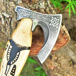 High Quality Handmade Mattock Head <b>Axe</b> Forged Steel Head Wood <b>Handle</b> Tactical Carved Design Survival Use - Product Image 2