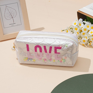 Lovely Purple PU Cosmetic <b>Case</b> With LOVE Letter Design And Beads Zipper Closure Medium Size Portable <b>Makeup</b> Bag - Product Image 2
