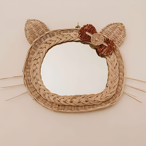Bohemian Natural Rattan Decorate <b>Kid</b> <b>Cat</b> Wall Mirror Hand Braided Nursery Room Storage Accessories Art - Product Image 2