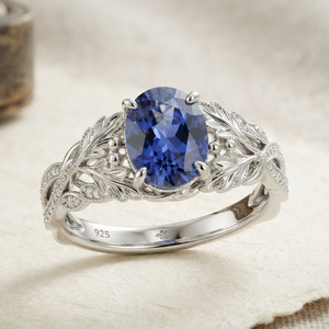 Anillo de Compromiso Vintage Ovalado Azul de Plata de Ley 925 con Patrón de Hojas y Engaste de Garras, Joyería de Boda con Piedras Preciosas para Mujer - Product Image 1