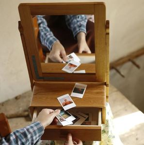 Rustic Wooden Wall Hanging Mirror with Drawer Tiled Inlay Craftsmanship Rectangular <b>Vanity</b> <b>Makeup</b> Mirror for Bedroom Living Room - Product Image 6