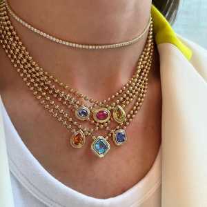 Asscher Cut Blue Topaz Moissanite Pendant <b>Necklaces</b> Bezel Set Ball <b>Chain</b> 3mm Everyday Layering Fine Jewelry 14K 18K Solid Gold - Product Image 2