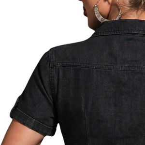 Camisa de Mezclilla Negra para Mujer, Cuello Camisero, Manga Corta Enrollable, Botones, Estilo Vintage, Corte Regular, 100% Algodón, para Uso Diario y Oficina - Product Image 4