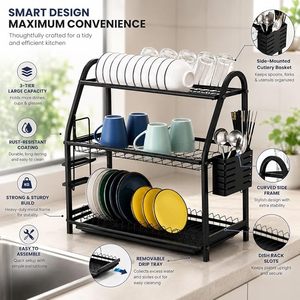 Escurridor de Platos Negro de 3 Niveles para Colocar Sobre el Fregadero con Porta Cubiertos, Organizador de Almacenamiento de Metal Resistente - Product Image 6
