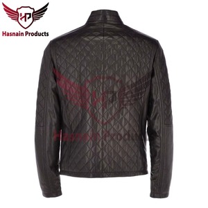 Blouson matelassé en cuir véritable marron pour homme, col montant, avec boucle, style motard, en cuir de vachette, classique, personnalisé, pour l'hiver - Product Image 4