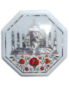 Plateau de table circulaire / Assiette décorative en agate sculptée à la main avec incrustation Taj Mahal, fournisseur indien (Origine Delhi) - Product Image 2