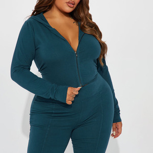Breathable Cropped Women's 2 Piece Knitted Hooded Zipper <b>Top</b> With Flared Pants Solid Zinc Casual Set Full Sleeve Washed Set - Product Image 4