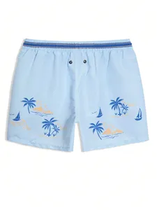 Men's Contrast Color <b>Light</b> Blue Summer Casual Beach Holiday Vacation Holiday Elastic Waist Drawstring Pants, Board Shorts - Product Image 2