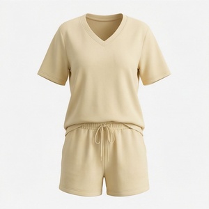 Conjunto de 2 Piezas para Mujer, Tejido, Color Sólido, Cuello en V, Manga Corta, Top y Pantalones Cortos por Encima de la Rodilla, Estilo Casual Holgado, para Primavera/Verano - Product Image 1