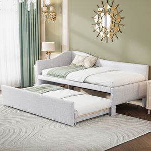 Divano letto imbottito a L beige, misura twin, con letto estraibile a scomparsa, comodo divano letto - Product Image 3