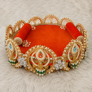 Handmade Decorative Wedding Tray Pearl Beaded Puja Thali Basket Orange Velvet <b>Gift</b> <b>Hamper</b> for Pooja Festival Decor - Product Image 2