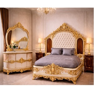 Juego de muebles de dormitorio de lujo estilo Maharaja a medida, cama tamaño King con acabado dorado y tocador, juego de dormitorio de madera de teca. - Product Image 1