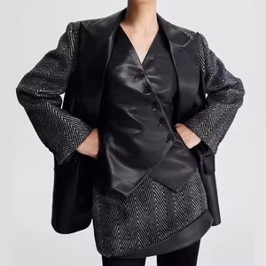 Veste en cuir d'agneau véritable pour femme, style rétro, imperméable, triple boutonnage, printemps-automne, noire, vente en gros - Product Image 6