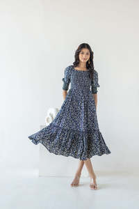 Robe midi à imprimé floral, col bijou, manches 3/4, coupe évasée, tissée, décontractée, pour femme, respirante, coupe ample, avec poches - Product Image 1