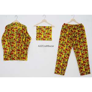 Conjunto de Pijama de Manga Larga con Estampado Floral 100% Algodón, Estilo Vacacional para Mujer, Hecho a Mano, con Cintura Elástica para el Verano - Product Image 1