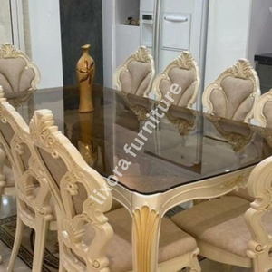 Juego de Comedor de Lujo Hecho a Mano en Blanco y Dorado para 10 Personas, Mesa con Tapa de Cristal y Tallado Victoriano Ornamentado - Product Image 4