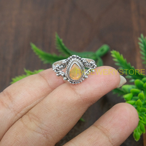 Bague en opale d'Éthiopie naturelle, argent sterling 925, faite à la main, cabochon en forme de larme, bijoux vintage pour femmes, pour Noël - Product Image 2