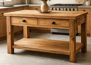 โต๊ะครัวไม้เนื้อแข็งพร้อมลิ้นชักเก็บของคู่และชั้นวางแบบเปิดด้านล่าง เฟอร์นิเจอร์ครัวสไตล์ฟาร์มเฮาส์แบบแข็งแรงทนทาน - Product Image 3