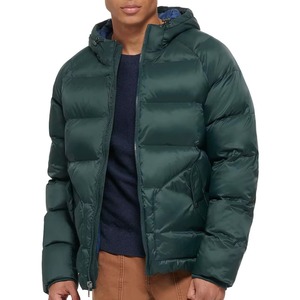 Men's Dark Green Hooded Puffer Jacket Down Filled Zipper Closure Windproof Casual Winter Coat Regular Fit Solid Color Outerwear - Product Image 1