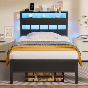 Cadre de lit en métal double OEM/ODM, lit moderne noir avec tête de lit LED, prises de courant et station de charge USB - Product Image 6