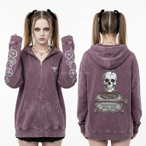 Sudadera con capucha morada personalizada con cremallera, estampado de calavera Nightmare Music Box, efecto vintage, forro polar, gráfico en la manga, estilo streetwear, fabricante - Product Image 1