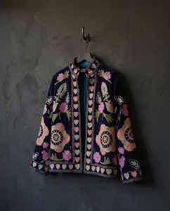 <b>Women</b> Navy <b>Velvet</b> Floral Embroidered Suzani <b>Jacket</b> Full Sleeve Stand Collar Handmade Bohemian Style Winter Coat - Product Image 6