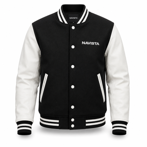 Veste universitaire classique Navista Sports, bleu marine, corps en laine, manches en cuir crème, patch en chenille, écologique, réversible - Product Image 2