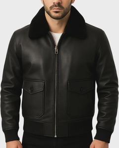 Blouson aviateur en cuir noir pour homme – Col en peau de mouton - Product Image 3