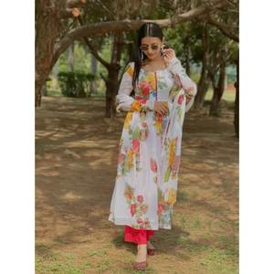 TENDANCE GEORGETTE DIGITAL IMPRIMÉ SEMI-COUTURE ROBE AVEC BAS ET DUPATTA BLANC - Product Image 1