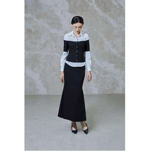 Ensemble chemise kaki élégante et jupe superposée noire et blanche pour femme de bureau, modèle MARINA KS49, vente en gros, fourni par Vietnam Fashion Supply - Product Image 1