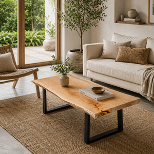 Mesa de Centro de Madera Maciza con Borde Natural y Patas de Metal, Estilo Rústico Moderno para Sala de Estar de Lujo - Product Image 1