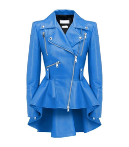 Chaqueta de Mujer con Diseño Único, Peplum, de Piel de Oveja Auténtica, Resistente al Viento, con Cierre Azul, Chaqueta de Cuero con Calefacción, Logotipo Personalizado - Product Image 6