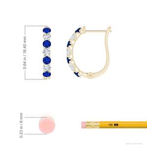 Pendientes de aro clásicos de oro macizo de 14 quilates con zafiro azul y diamantes engastados en canal, joyería para mujer - Product Image 6