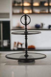 2 Tier Glass & Metal Cake Stand Export Quality Round <b>Cookie</b> & Cupcake Display Smoke Glass Black Matte Made in India - Product Image 4