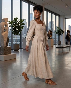 High Quality <b>Linen</b> Maxi <b>Dress</b> With Puff Sleeves Square Neck <b>A</b>-<b>Line</b> Pleated Loose Fit Natural Waist Daily Casual <b>Linen</b> <b>Dress</b> - Product Image 2