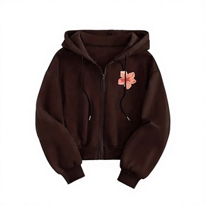 Sweat-shirt court à capuche zippé pour femme, marron, brodé de fleurs, style décontracté, 100 % coton tricoté, collection automne - Product Image 1