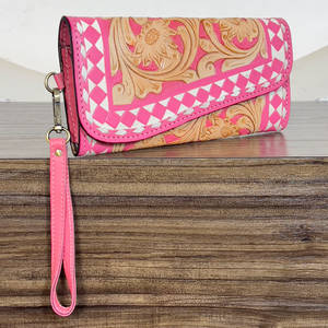 Pochette de Soirée de Luxe en Cuir Rose à Carreaux Ornée de Motifs Floraux Faits Main pour Femme, Porte-Cartes et Portefeuille de Poignet pour le Shopping - Product Image 4