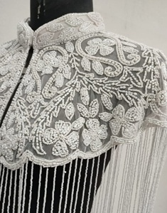 Elegant Vintage Floral Beaded Mandarin Collar Embroidery <b>Top</b> for Women <b>Party</b> Wedding Club with Classic Fringe White Poncho - Product Image 2