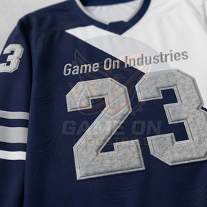 Navy Blue and White Pro Style Team Uniform With Embroidered Numbers & Texture Fabric Custom Ice Hockey Jersey and Pants Sets - Product Image 5