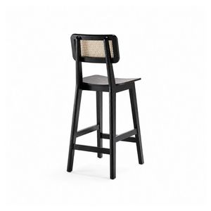 Mid-Century Modern Rattan Counter <b>Stool</b> with Wooden Chair Legs, Black Frame, Cane Seat and Back for Kitchen Island Home Bar Use - Product Image 6