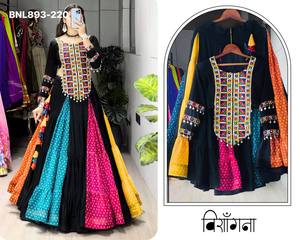 Algodón de rayón de alta calidad con diseño de volantes multicolor Bandhani Kali con blusa negra con cinturón y trabajo Lehenga-Kutcchi, moda femenina. - Product Image 5