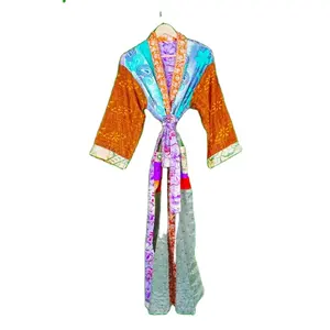 Strand Vintage Dames Kleurrijke Bloemenprint Vakantie Bikini Uitje Boho Losse Lange Vrouwen Zijde Kimono Stijl Gewaad Cardigan Kimono